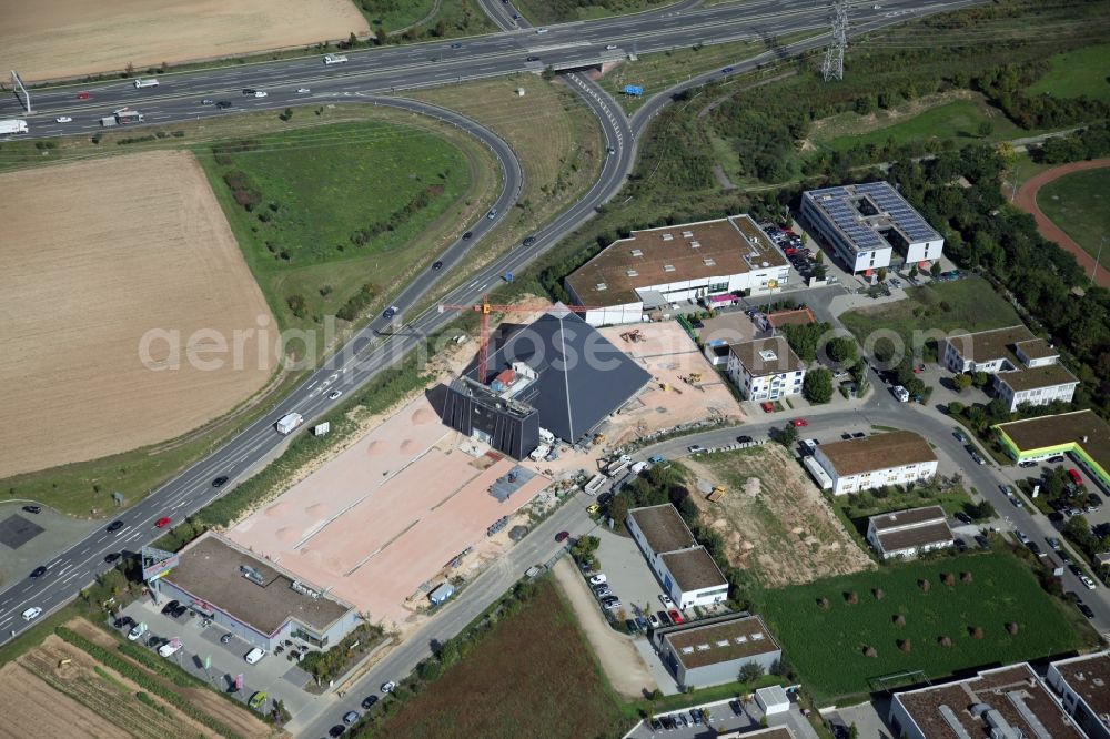 Aerial photograph Mainz - Hechtsheim - Construction site for the new building of the pyramid in the industrial area Hechtsheim in Mainz in Rhineland-Palatinate