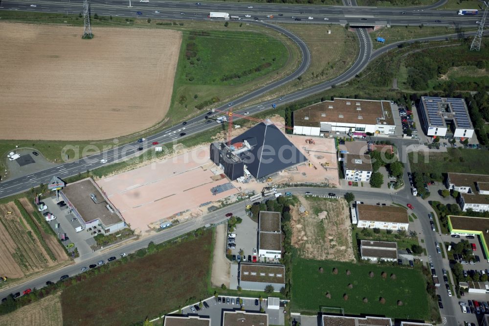 Mainz - Hechtsheim from above - Construction site for the new building of the pyramid in the industrial area Hechtsheim in Mainz in Rhineland-Palatinate