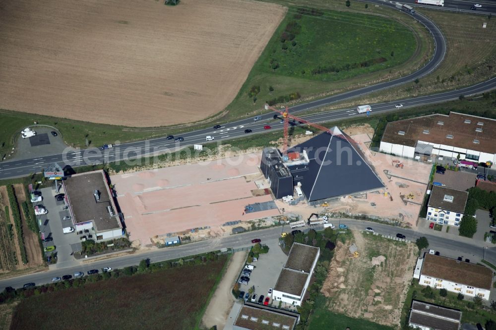 Mainz - Hechtsheim from the bird's eye view: Construction site for the new building of the pyramid in the industrial area Hechtsheim in Mainz in Rhineland-Palatinate