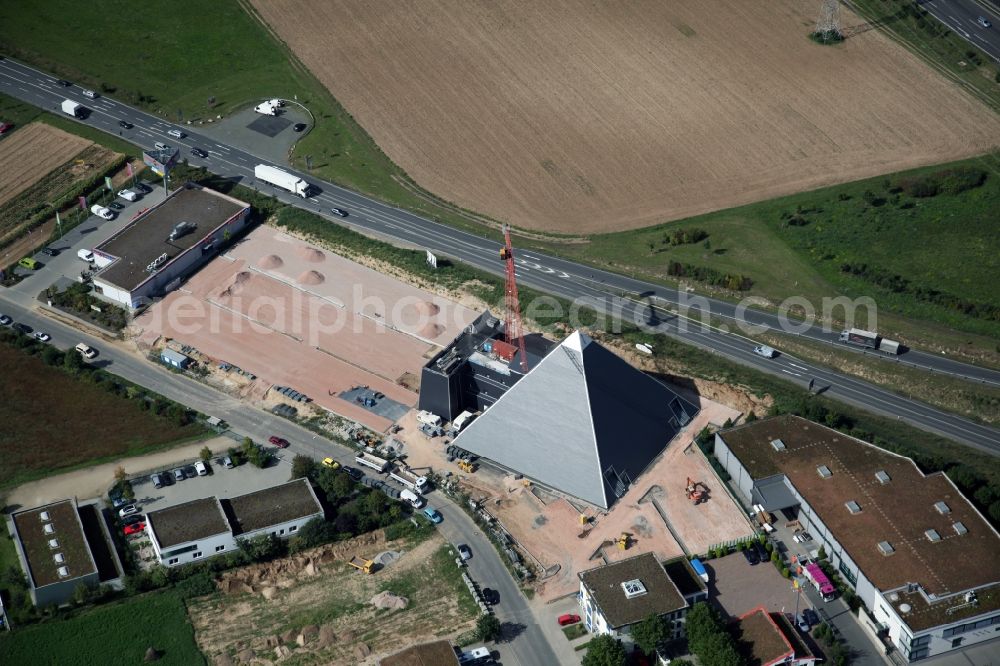 Aerial image Mainz - Hechtsheim - Construction site for the new building of the pyramid in the industrial area Hechtsheim in Mainz in Rhineland-Palatinate