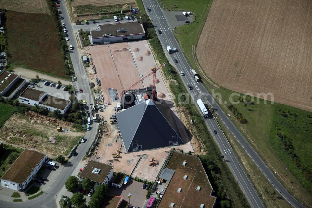 Mainz - Hechtsheim from above - Construction site for the new building of the pyramid in the industrial area Hechtsheim in Mainz in Rhineland-Palatinate