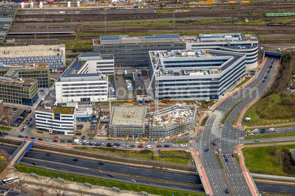 Duisburg from above - Construction site for the new building Quartier 1 of the Duisburger Freiheit on Wuhanstrasse in the Dellviertel district in Duisburg in the Ruhr area in the state of North Rhine-Westphalia