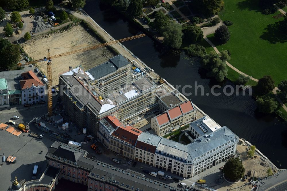 Aerial image Potsdam - Construction site for the new building of the quarter HQ Humboldt in Potsdam in the state of Brandenburg. The Humboldt quarter is located on the riverbank of the Alte Fahrt and will include offices and residential apartments