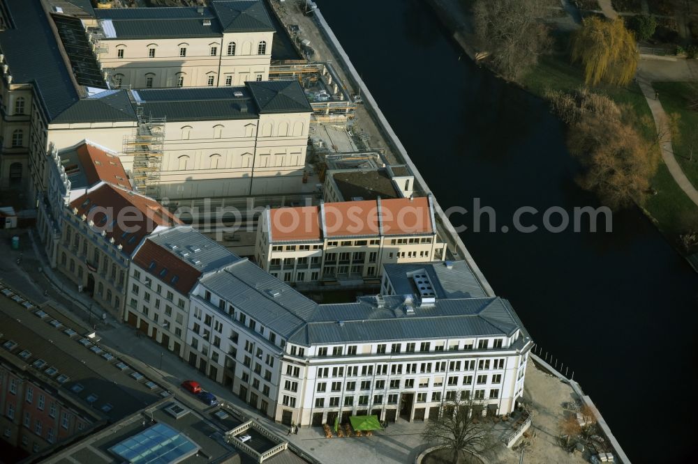 Potsdam from above - Construction site for the new building of the quarter HQ Humboldt in Potsdam in the state of Brandenburg. The Humboldt quarter is located on the riverbank of the Alte Fahrt and will include offices and residential apartments