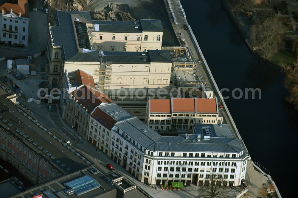 Potsdam from the bird's eye view: Construction site for the new building of the quarter HQ Humboldt in Potsdam in the state of Brandenburg. The Humboldt quarter is located on the riverbank of the Alte Fahrt and will include offices and residential apartments