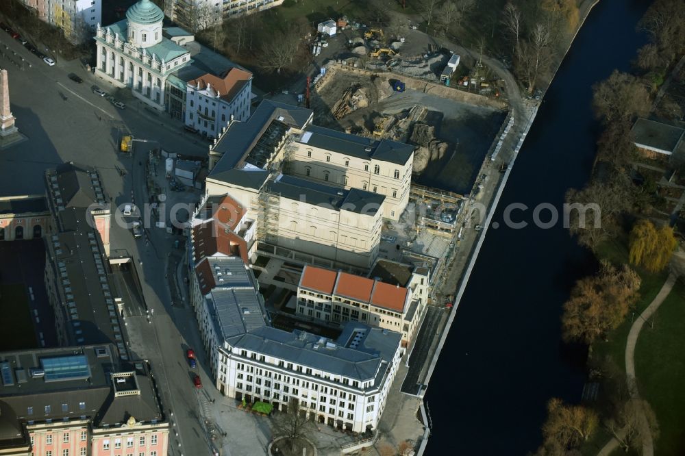 Aerial image Potsdam - Construction site for the new building of the quarter HQ Humboldt in Potsdam in the state of Brandenburg. The Humboldt quarter is located on the riverbank of the Alte Fahrt and will include offices and residential apartments