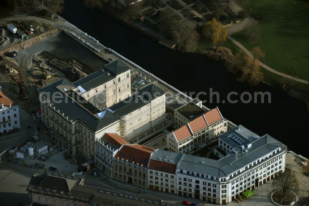 Aerial image Potsdam - Construction site for the new building of the quarter HQ Humboldt in Potsdam in the state of Brandenburg. The Humboldt quarter is located on the riverbank of the Alte Fahrt and will include offices and residential apartments