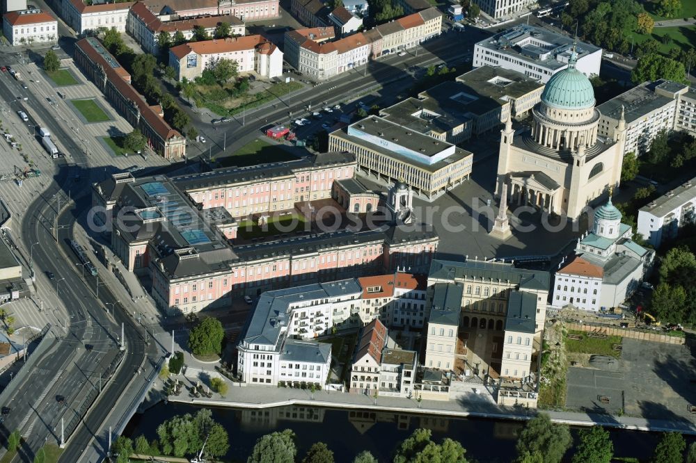 Potsdam from above - Construction site for the new building of the quarter HQ Humboldt in Potsdam in the state of Brandenburg. The Humboldt quarter is located on the riverbank of the Alte Fahrt and will include offices and residential apartments