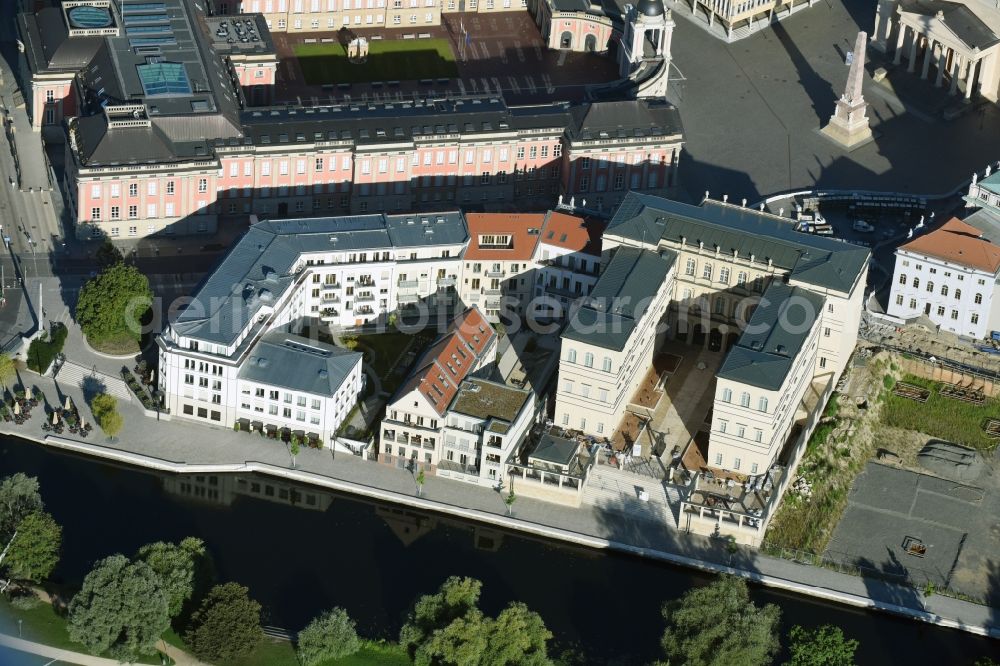 Aerial image Potsdam - Construction site for the new building of the quarter HQ Humboldt in Potsdam in the state of Brandenburg. The Humboldt quarter is located on the riverbank of the Alte Fahrt and will include offices and residential apartments