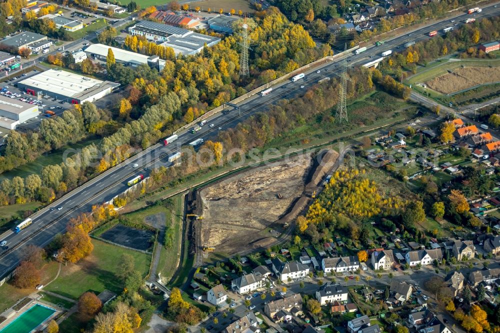 Gladbeck from the bird's eye view: Construction site to build a new storm-water retention on the A2 in Gladbeck in North Rhine-Westphalia