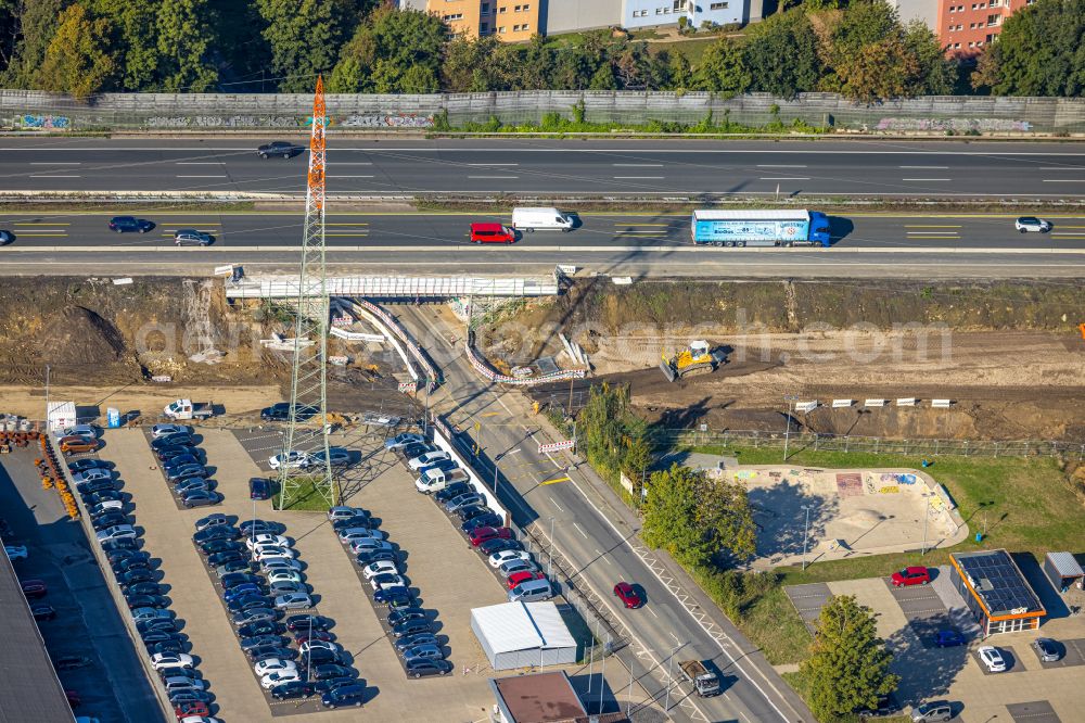 Unna from the bird's eye view: New construction site of a storm sewer and construction roads at the Koenigsborner Strasse underpass under the A1 motorway route in Unna at Ruhrgebiet in the state North Rhine-Westphalia, Germany