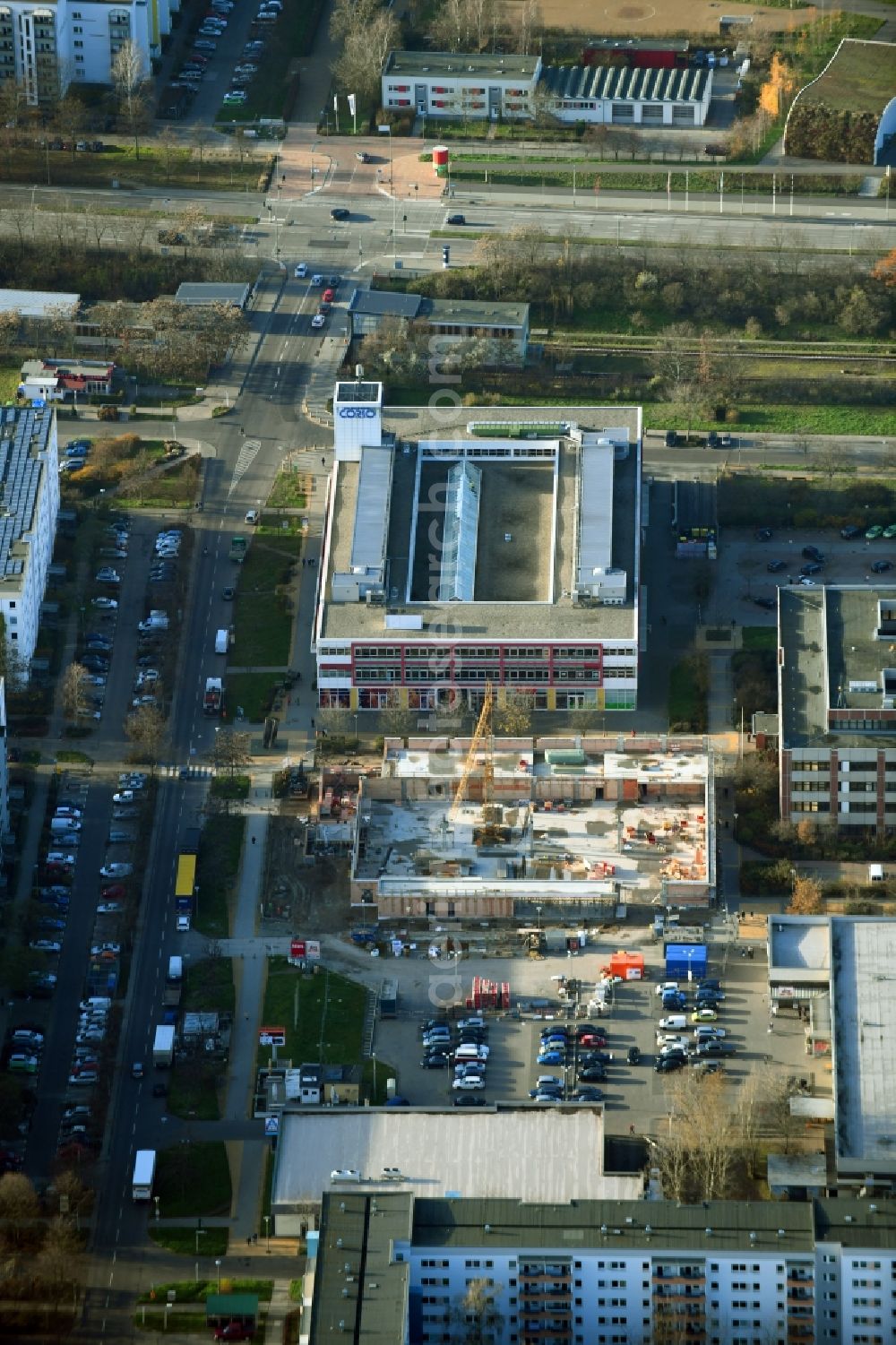 Berlin from the bird's eye view: Construction site for the new building a REWE - supermarket Neue Grottkauer Strasse in the district Kaulsdorf in Berlin, Germany