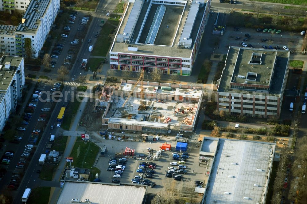 Aerial photograph Berlin - Construction site for the new building a REWE - supermarket Neue Grottkauer Strasse in the district Kaulsdorf in Berlin, Germany