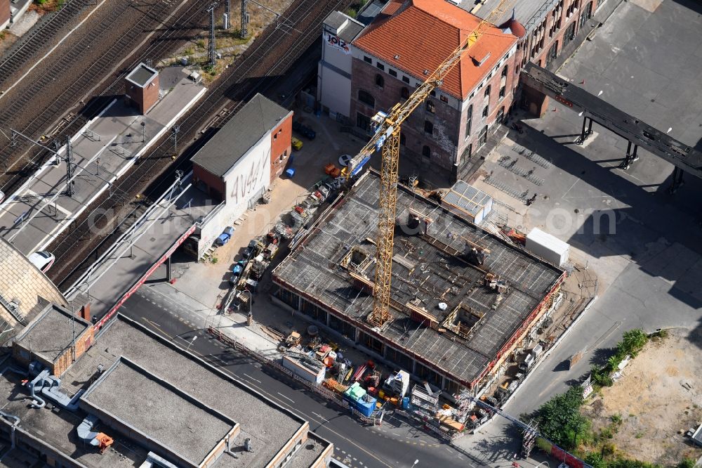 Berlin from above - Construction site for the new building of Rosa-Luxemburg-Stiftung Am Postbahnhof in the district Friedrichshain in Berlin, Germany