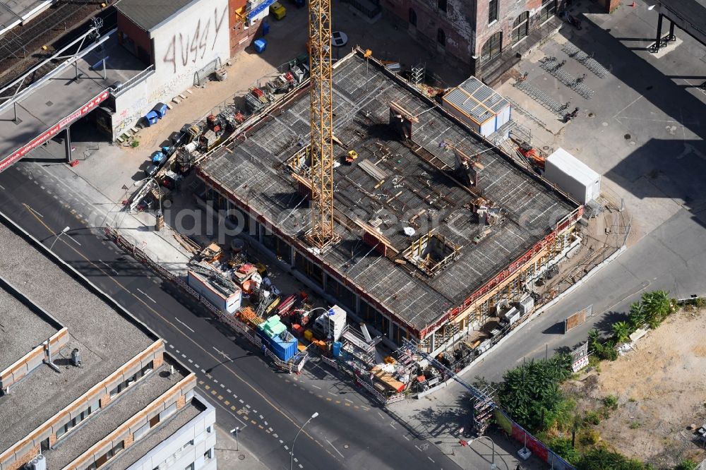 Berlin from the bird's eye view: Construction site for the new building of Rosa-Luxemburg-Stiftung Am Postbahnhof in the district Friedrichshain in Berlin, Germany