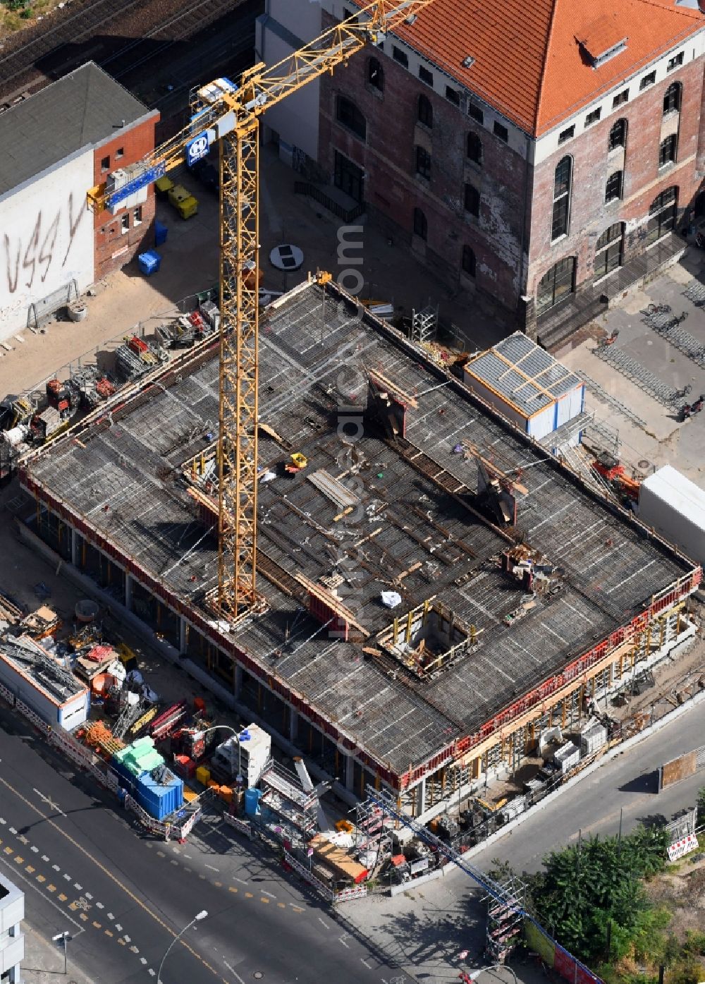 Aerial image Berlin - Construction site for the new building of Rosa-Luxemburg-Stiftung Am Postbahnhof in the district Friedrichshain in Berlin, Germany