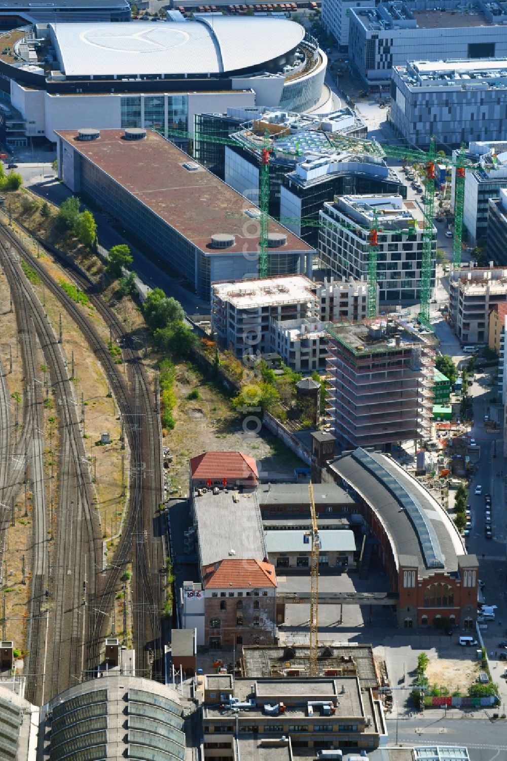 Berlin from the bird's eye view: Construction site for the new building of Rosa-Luxemburg-Stiftung Am Postbahnhof in the district Friedrichshain in Berlin, Germany