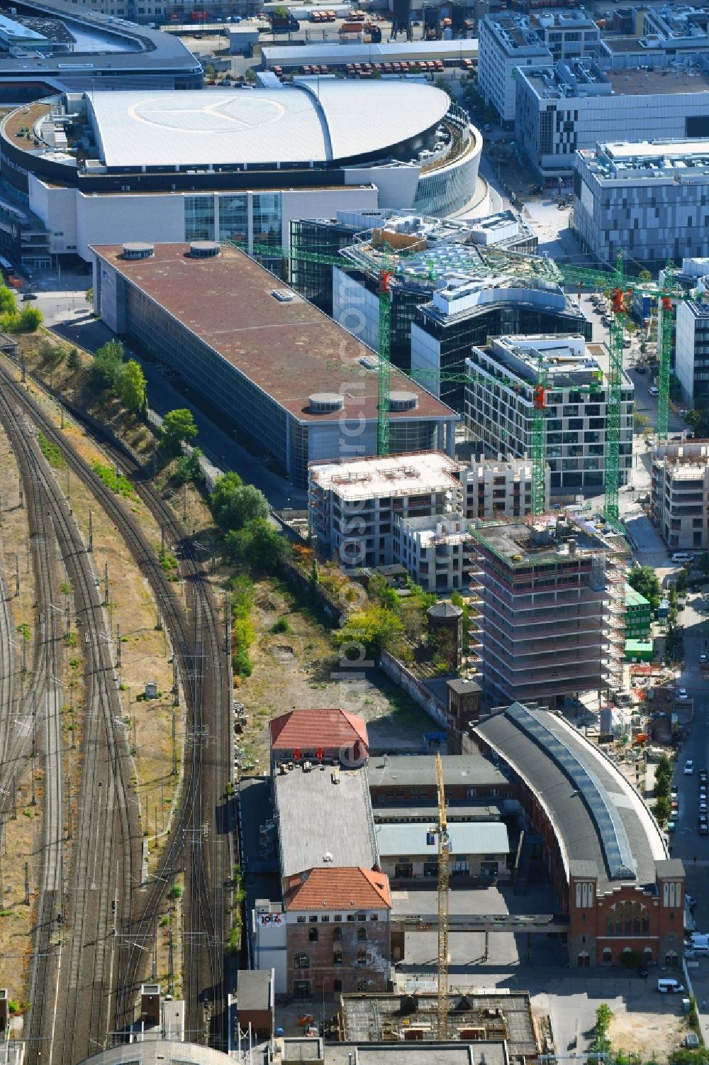 Aerial image Berlin - Construction site for the new building of Rosa-Luxemburg-Stiftung Am Postbahnhof in the district Friedrichshain in Berlin, Germany