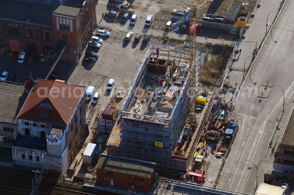 Berlin from above - Construction site for the new building of Rosa-Luxemburg-Stiftung Am Postbahnhof in the district Friedrichshain in Berlin, Germany