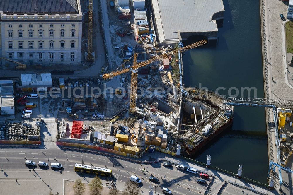 Berlin from the bird's eye view: Construction site for the new building of Rosa-Luxemburg-Stiftung Am Postbahnhof in the district Friedrichshain in Berlin, Germany