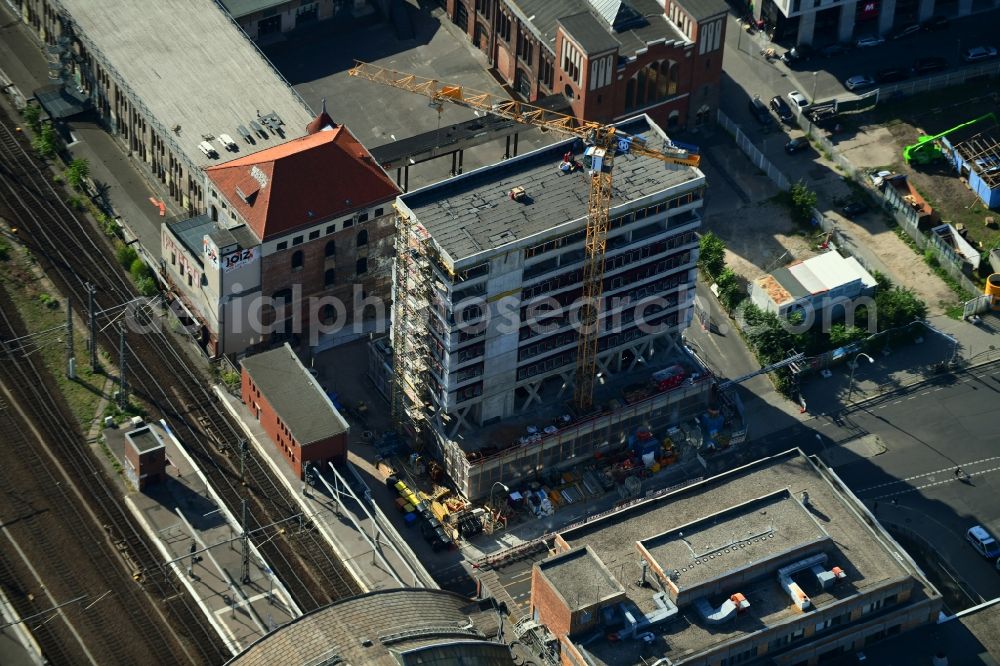 Aerial image Berlin - Construction site for the new building of Rosa-Luxemburg-Stiftung Am Postbahnhof in the district Friedrichshain in Berlin, Germany