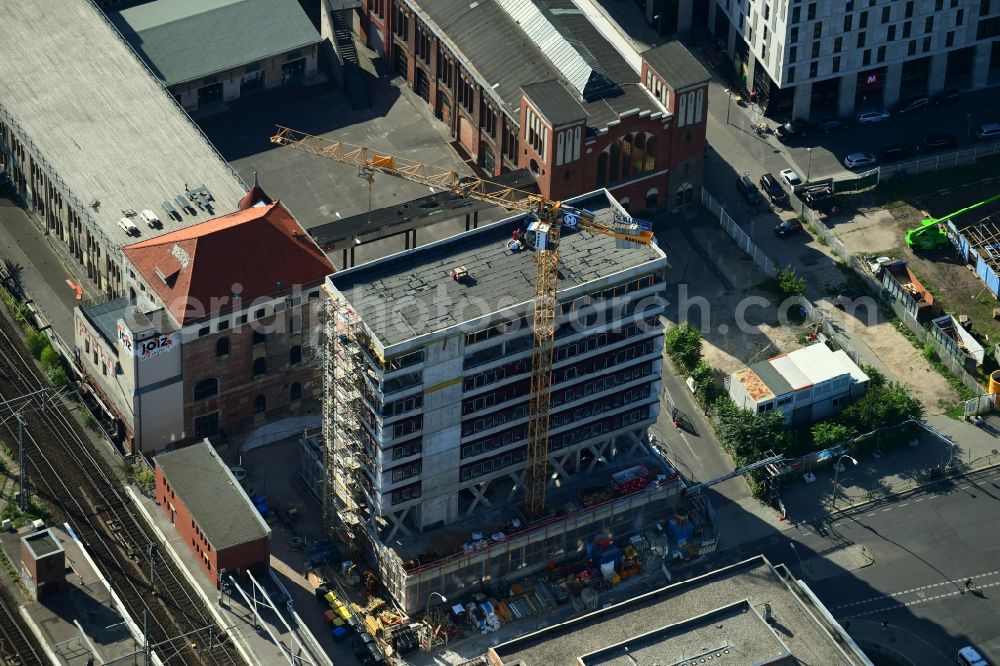 Aerial photograph Berlin - Construction site for the new building of Rosa-Luxemburg-Stiftung Am Postbahnhof in the district Friedrichshain in Berlin, Germany