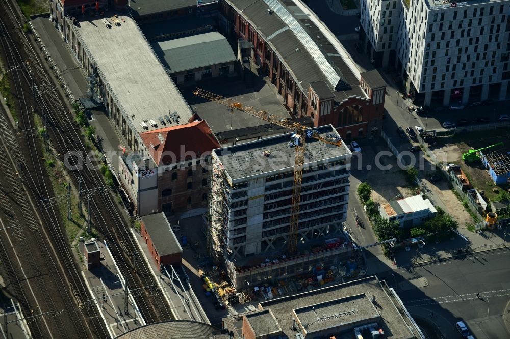 Berlin from above - Construction site for the new building of Rosa-Luxemburg-Stiftung Am Postbahnhof in the district Friedrichshain in Berlin, Germany