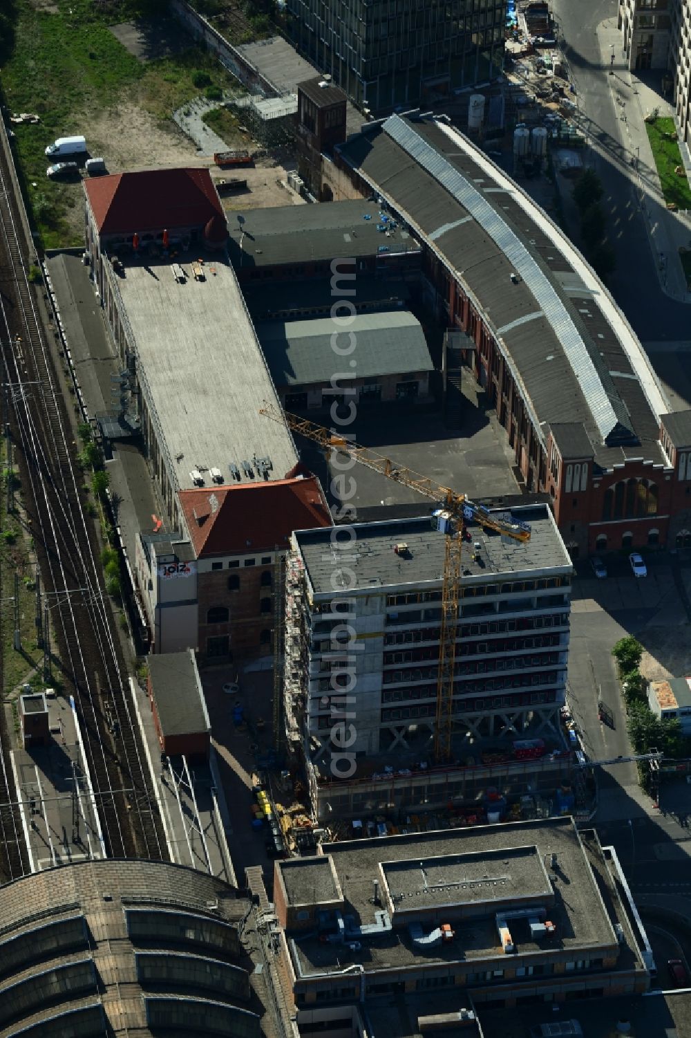 Aerial image Berlin - Construction site for the new building of Rosa-Luxemburg-Stiftung Am Postbahnhof in the district Friedrichshain in Berlin, Germany