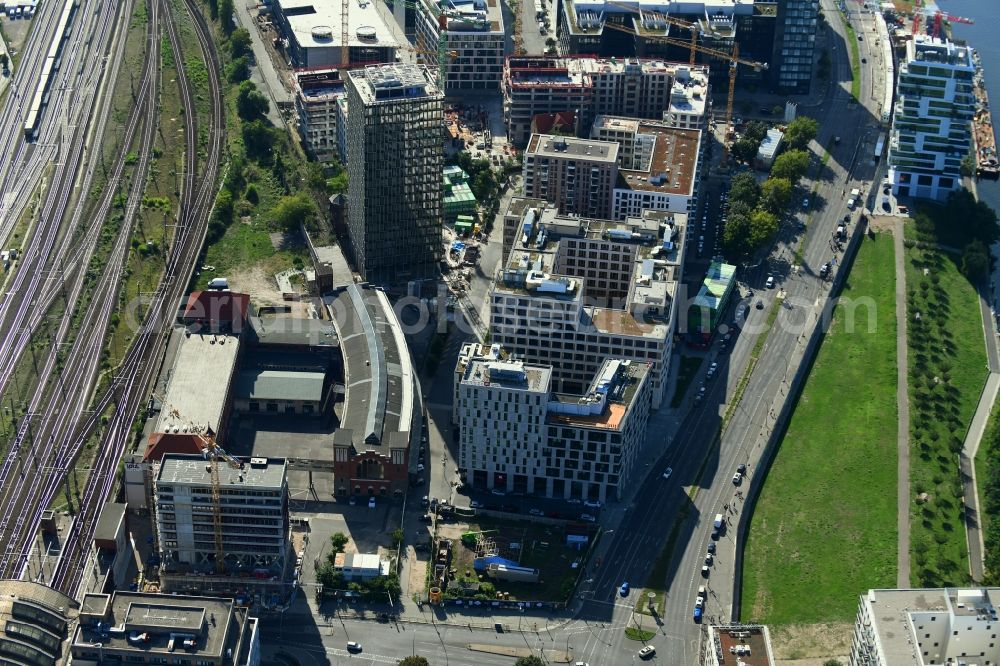 Aerial photograph Berlin - Construction site for the new building of Rosa-Luxemburg-Stiftung Am Postbahnhof in the district Friedrichshain in Berlin, Germany