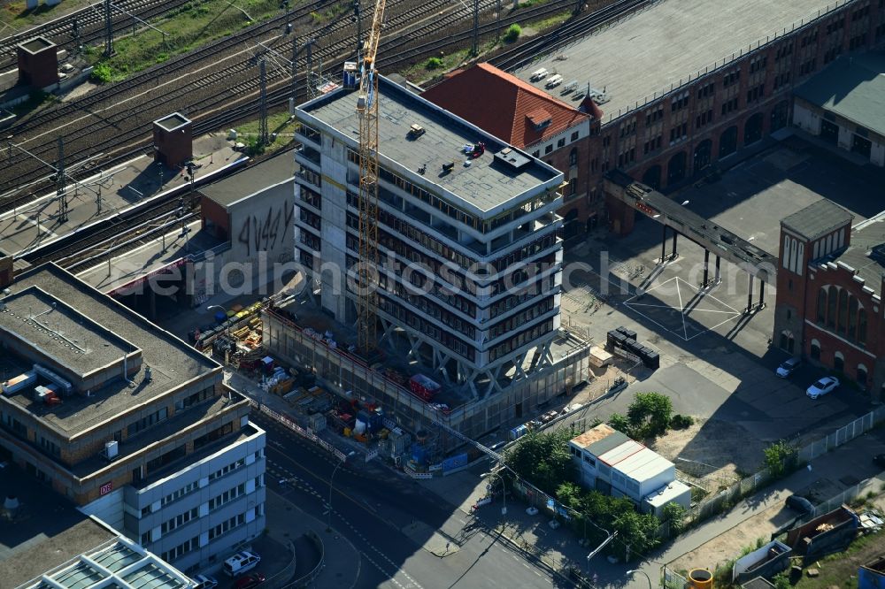 Berlin from above - Construction site for the new building of Rosa-Luxemburg-Stiftung Am Postbahnhof in the district Friedrichshain in Berlin, Germany