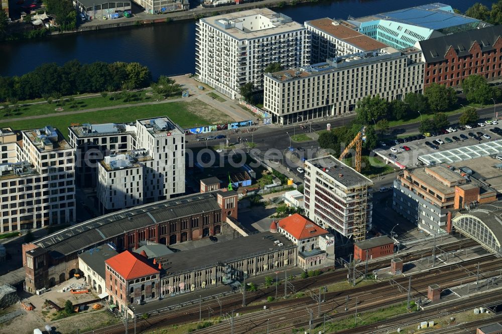 Aerial image Berlin - Construction site for the new building of Rosa-Luxemburg-Stiftung Am Postbahnhof in the district Friedrichshain in Berlin, Germany