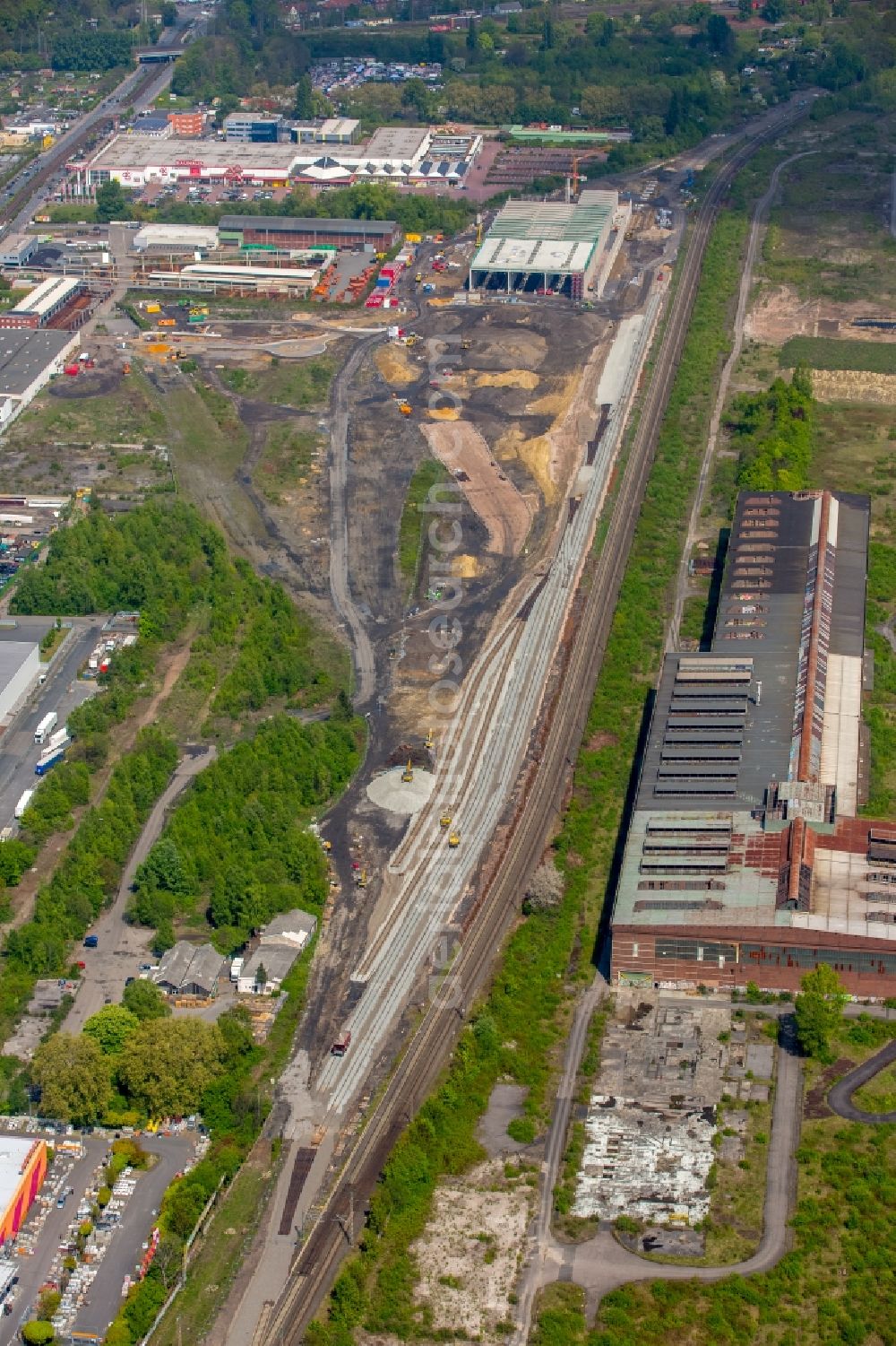 Aerial photograph Dortmund - Construction site for the new building RRX- Betriebswerk on Bornstrasse through the dechant hoch- and ingenieurbau gmbh in Dortmund in the state North Rhine-Westphalia