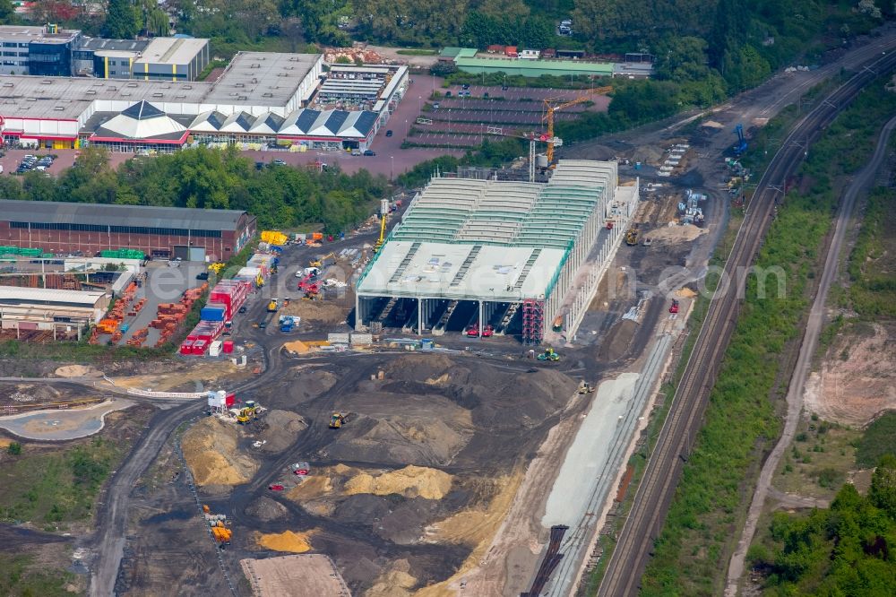 Dortmund from above - Construction site for the new building RRX- Betriebswerk on Bornstrasse through the dechant hoch- and ingenieurbau gmbh in Dortmund in the state North Rhine-Westphalia