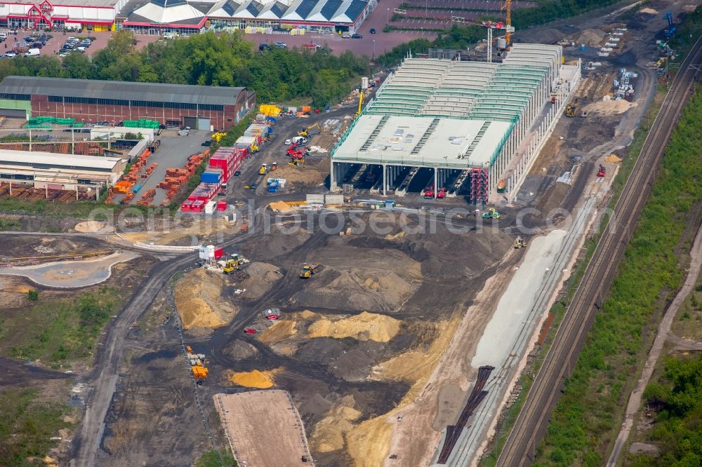 Aerial image Dortmund - Construction site for the new building RRX- Betriebswerk on Bornstrasse through the dechant hoch- and ingenieurbau gmbh in Dortmund in the state North Rhine-Westphalia