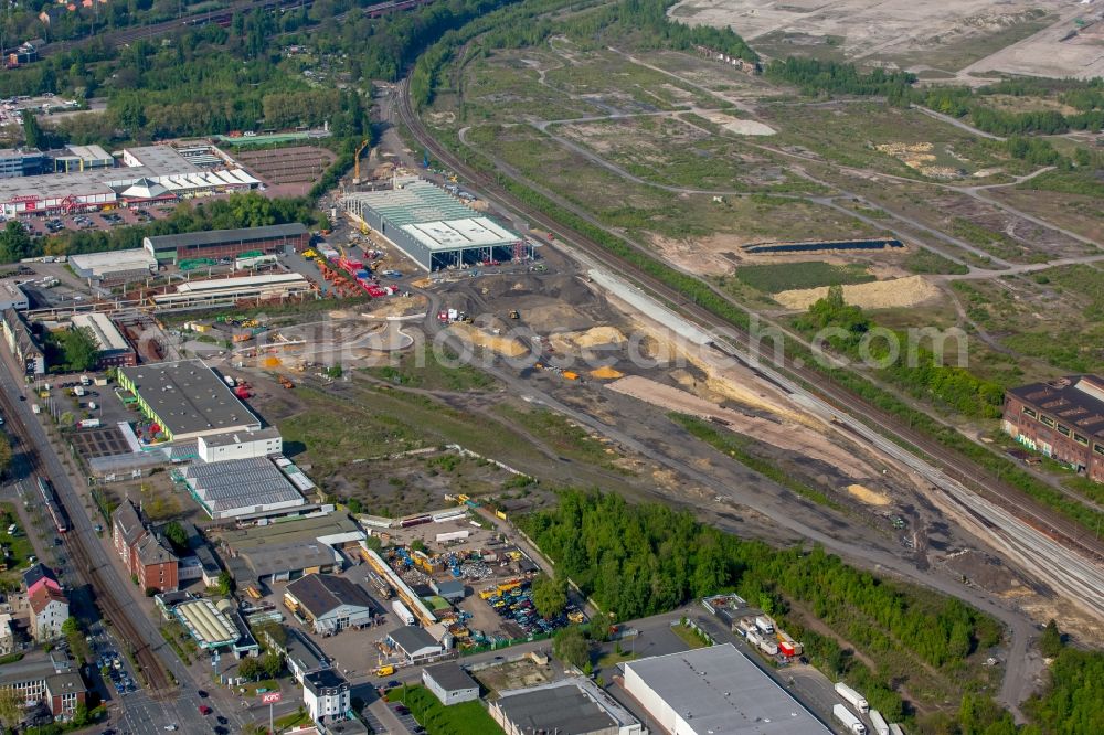 Dortmund from above - Construction site for the new building RRX- Betriebswerk on Bornstrasse through the dechant hoch- and ingenieurbau gmbh in Dortmund in the state North Rhine-Westphalia