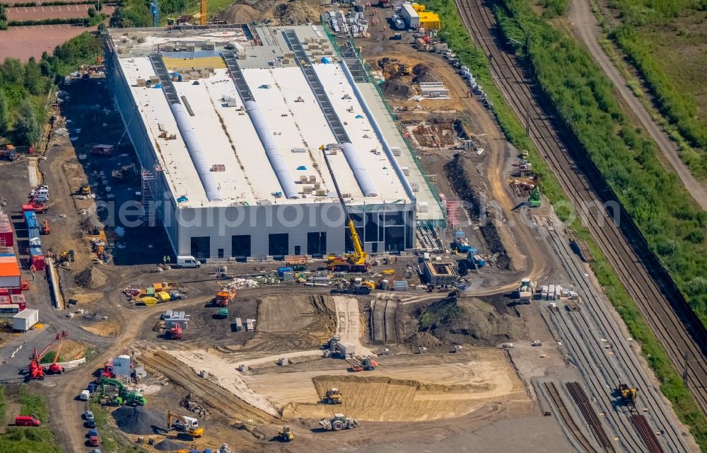 Dortmund from above - Construction site for the new building RRX- Betriebswerk on Bornstrasse through the dechant hoch- and ingenieurbau gmbh in Dortmund in the state North Rhine-Westphalia