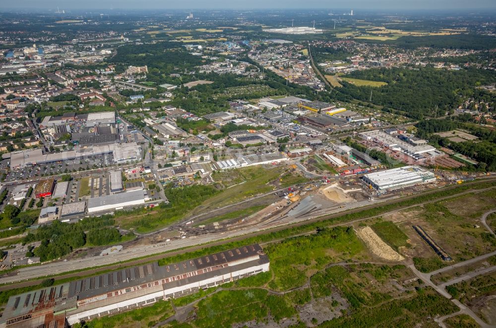 Dortmund from above - Construction site for the new building RRX- Betriebswerk on Bornstrasse through the dechant hoch- and ingenieurbau gmbh in Dortmund in the state North Rhine-Westphalia