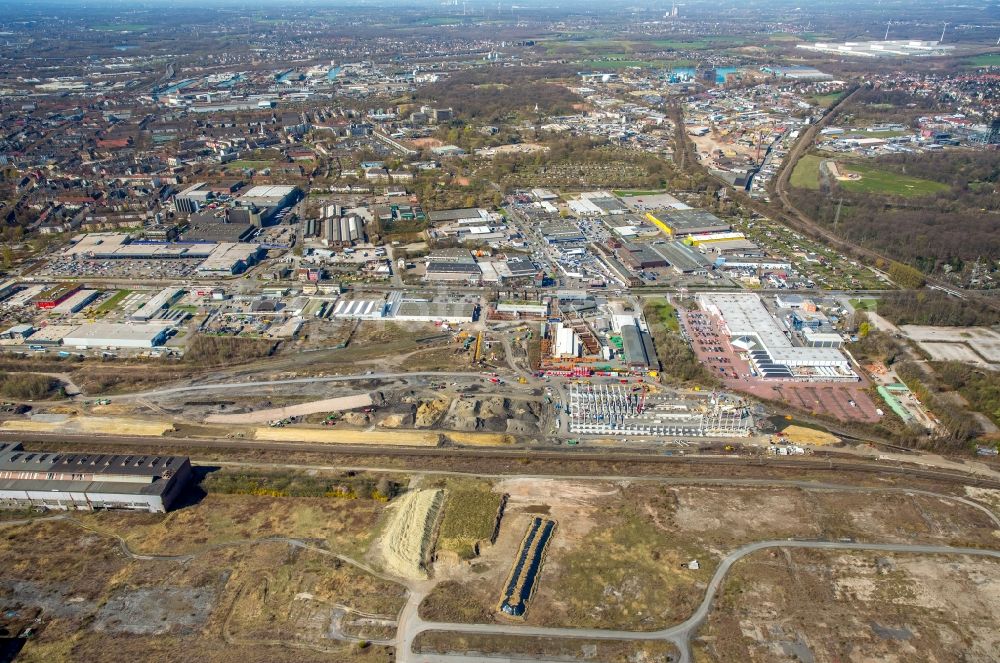 Dortmund from above - Construction site for the new building RRX- Betriebswerk on Bornstrasse through the dechant hoch- and ingenieurbau gmbh in Dortmund in the state North Rhine-Westphalia