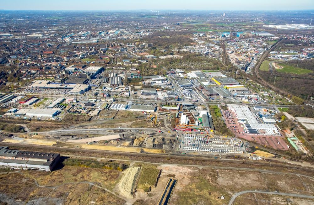 Dortmund from the bird's eye view: Construction site for the new building RRX- Betriebswerk on Bornstrasse through the dechant hoch- and ingenieurbau gmbh in Dortmund in the state North Rhine-Westphalia