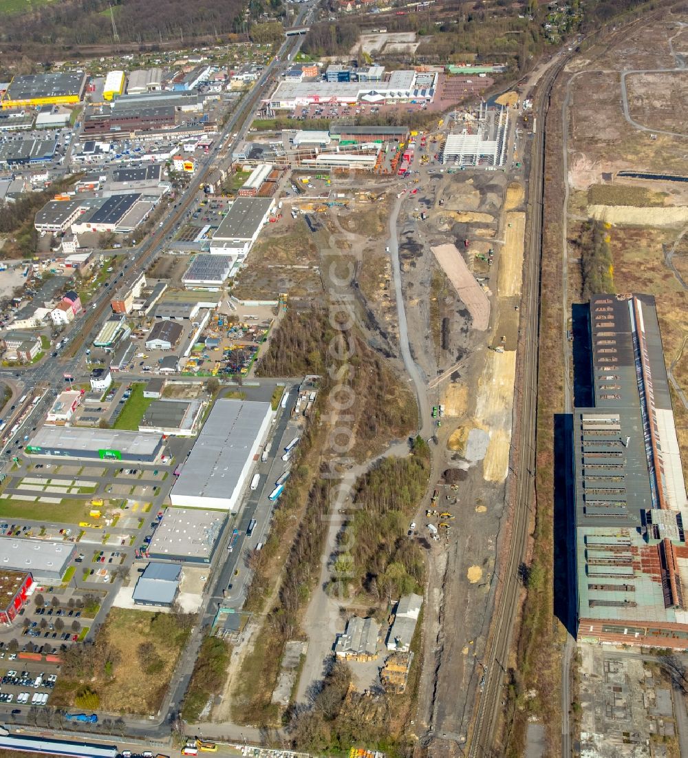 Aerial image Dortmund - Construction site for the new building RRX- Betriebswerk on Bornstrasse through the dechant hoch- and ingenieurbau gmbh in Dortmund in the state North Rhine-Westphalia