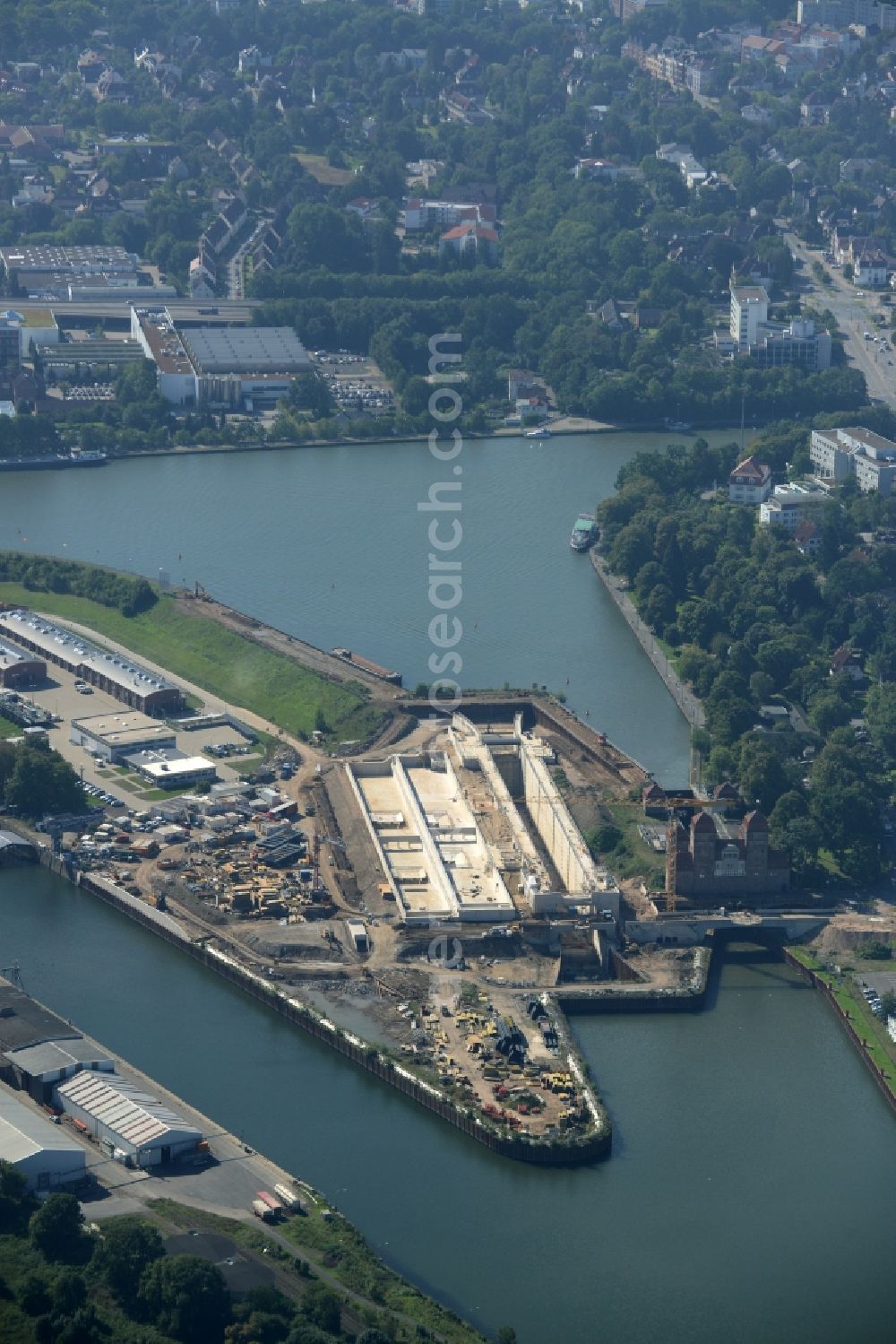 Minden from above - Construction site to build the new lock in the waterway intersection in Minden in North Rhine-Westphalia