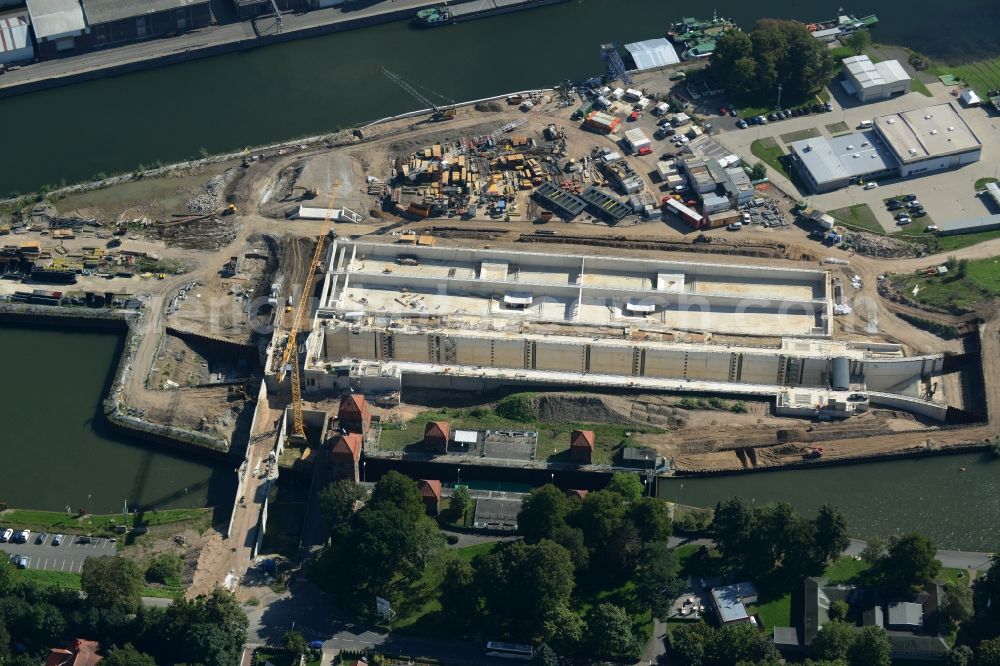 Minden from the bird's eye view: Construction site to build the new lock in the waterway intersection in Minden in North Rhine-Westphalia