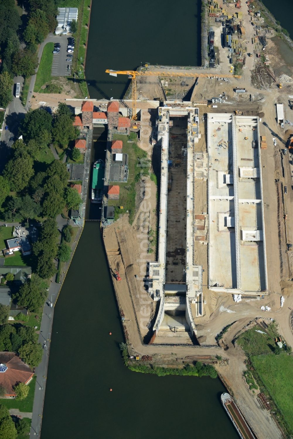 Minden from the bird's eye view: Construction site to build the new lock in the waterway intersection in Minden in North Rhine-Westphalia