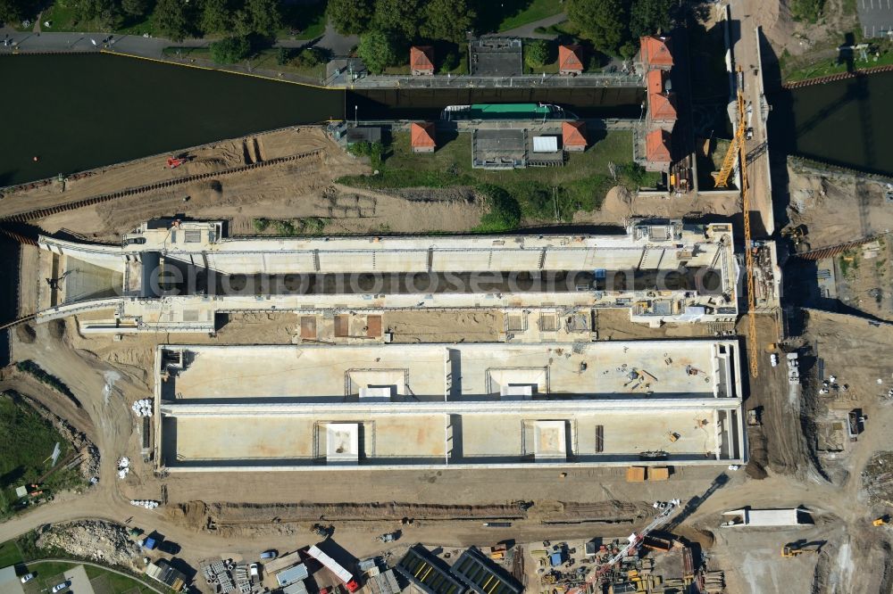 Minden from above - Construction site to build the new lock in the waterway intersection in Minden in North Rhine-Westphalia