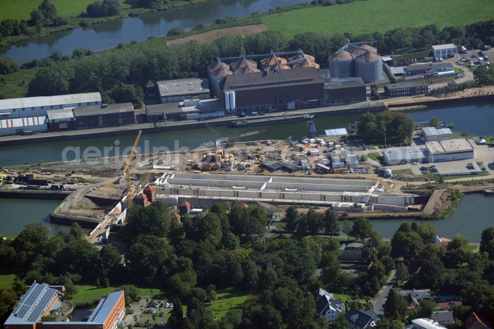 Minden from above - Construction site to build the new lock in the waterway intersection in Minden in North Rhine-Westphalia