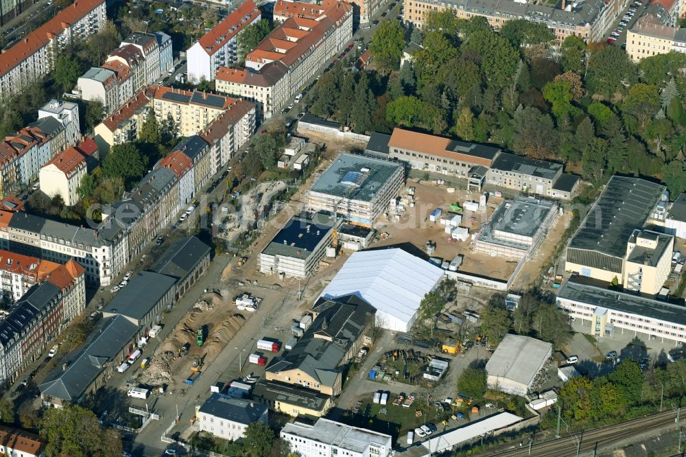 Dresden from above - Construction site for the new building Schul- Gebaeude and of Kita Drewag-Areal on Loessnitzstrasse in Dresden in the state Saxony, Germany