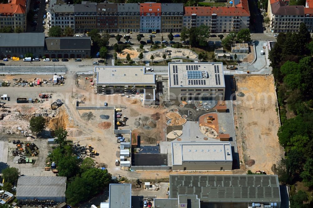 Dresden from above - Construction site for the new building Schul- Gebaeude and of Kita Drewag-Areal on Loessnitzstrasse in Dresden in the state Saxony, Germany