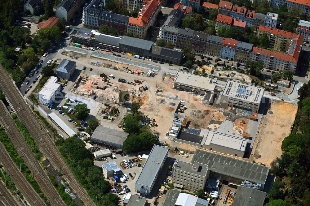 Dresden from above - Construction site for the new building Schul- Gebaeude and of Kita Drewag-Areal on Loessnitzstrasse in Dresden in the state Saxony, Germany