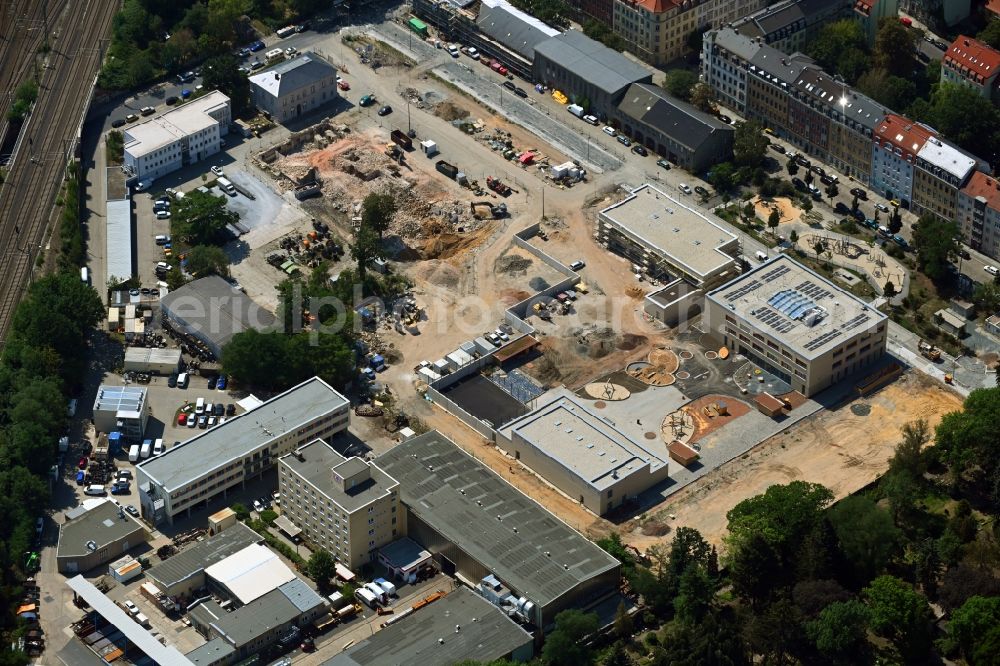 Aerial image Dresden - Construction site for the new building Schul- Gebaeude and of Kita Drewag-Areal on Loessnitzstrasse in Dresden in the state Saxony, Germany