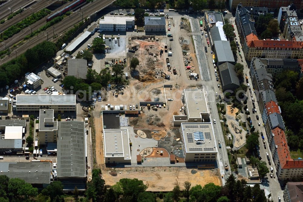 Dresden from above - Construction site for the new building Schul- Gebaeude and of Kita Drewag-Areal on Loessnitzstrasse in Dresden in the state Saxony, Germany